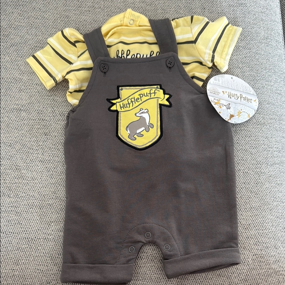 Hufflepuff Baby Romper with Yellow Striped Shirt